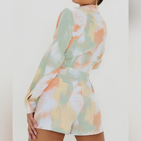 Green White Orange Print Vacation Resortwear Long Sleeve Wrap Romper Size Medium - Picture 2 of 10